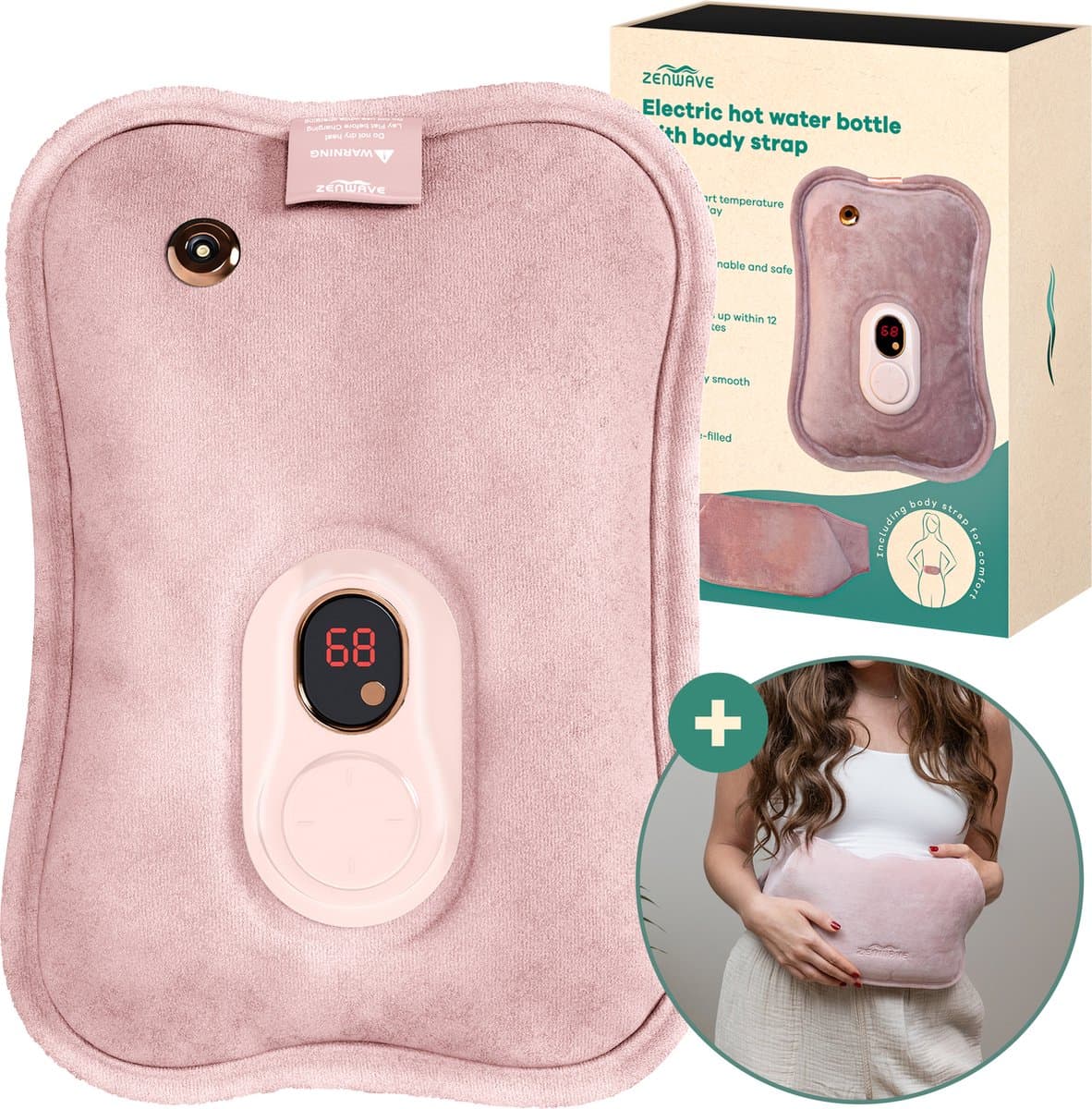 Zenwave Elektrische Kruik met Hoes - Digitaal Display - Warmtekruik & Waterkruik met Handwarmers - Oplaadbare Warmtekussen - Menstruatie Warmteband - Duurzaam & Draadloos - Kamperen & Outdoor - Warmwaterkruik Roze