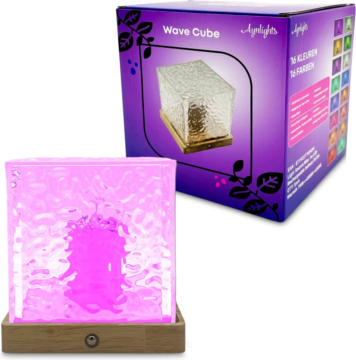 Aynlights® - 2025 - Wave Cube Projector - HOUT VERSIE - Noorderlicht Projector -Cube Lamp - Draadloos Model - Crystal Lamp - Luxe- Wave Lamp - Wave Cube - Ripple Light - Ocean Projector - Aurora - Sterren Projector - 1 JAAR GARANTIE