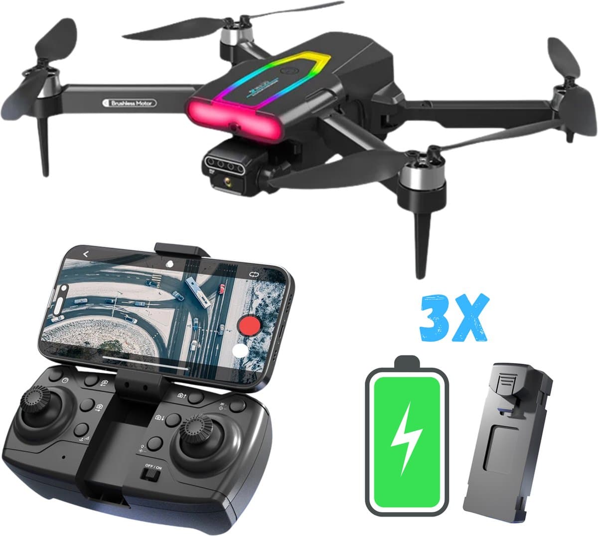SefSay Spider Max Drone - Drone met dubbele ESC HD camera - Camera met Gimball en Led - RGB LED - Obstakel Ontwijking - Borstelloze motoren - 3 batterijen en een opbergtas - Geschikt voor kinderen en volwassenen