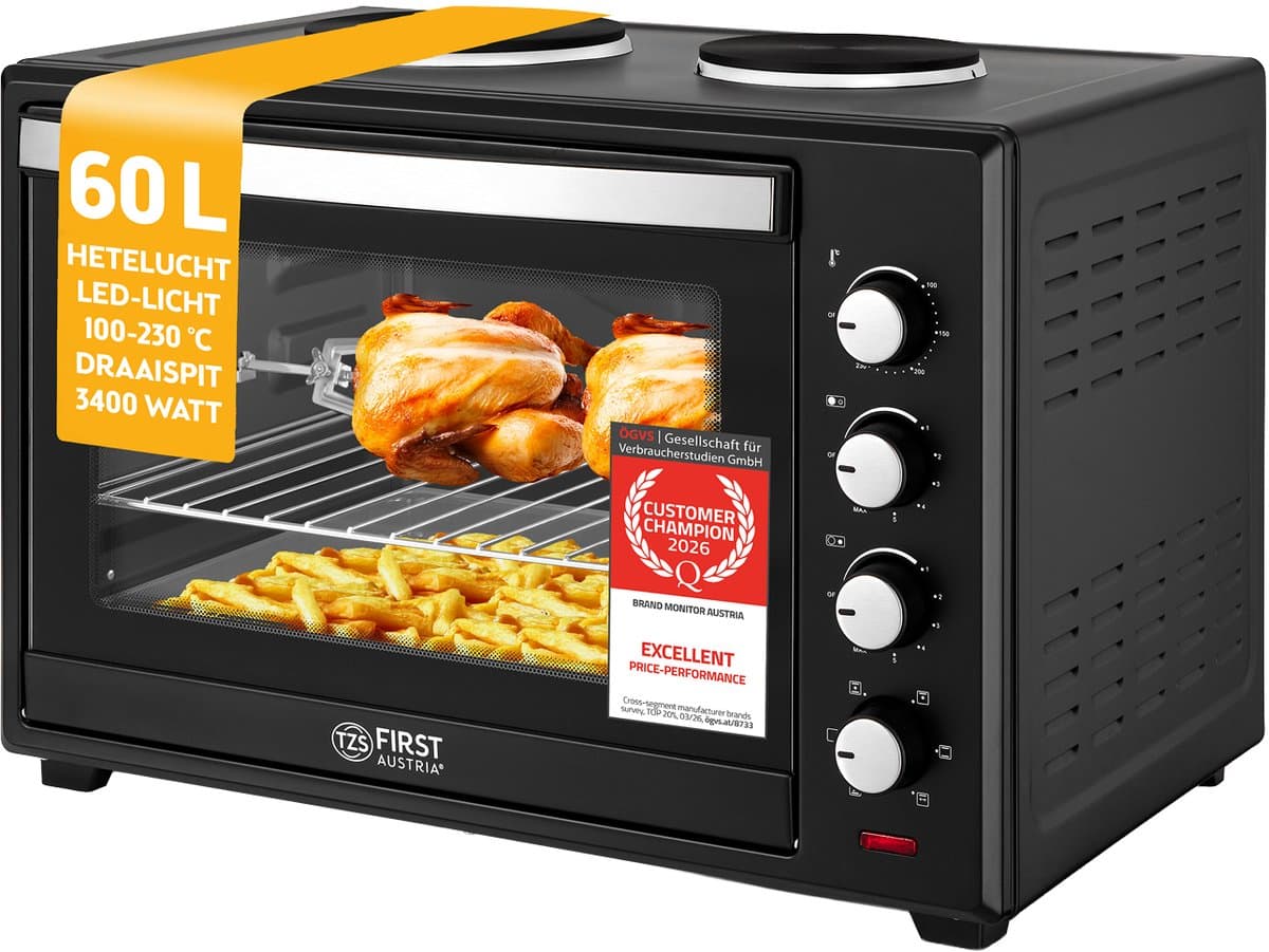 TZS First Austria Mini oven 60L met kookplaten - 3400W - Heteluchtoven - max 230°C - Zwart