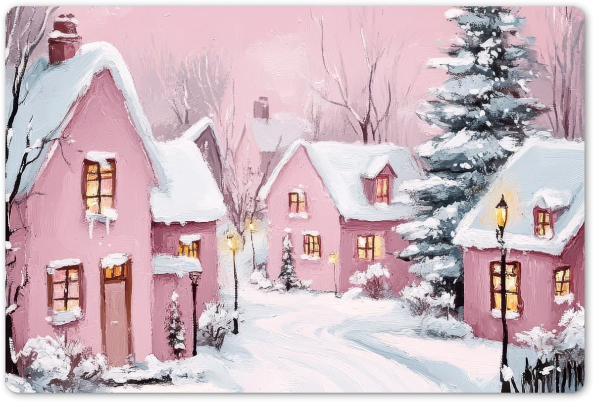 Placemats 45x30 cm - Placemat kunststof - 1 stuk - Kerstdorp - Roze - Winter - Sneeuw - Huizen - Borden onderleggers - Decoratie voor op tafel - Keuken tafeldecoratie accessoires - Vinyl onderlegger - Tafelversiering