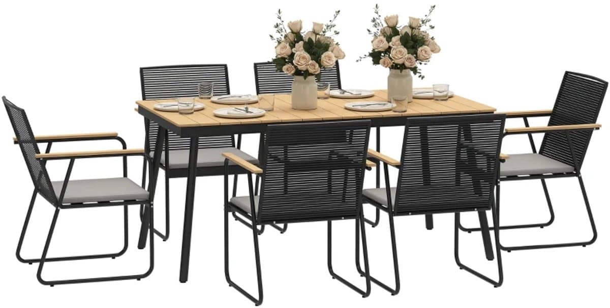 Tuinset - 7-delige Zitgroep - met 1 Tuintafel & 6 Stoelen - Tuinmeubelset voor 6 Personen - Tuintafelset - Tuin Eetset - Diningset - Zitset - voor Terras, Balkon, Tuin - Eetkamerset - Naturel Hout + Zwart