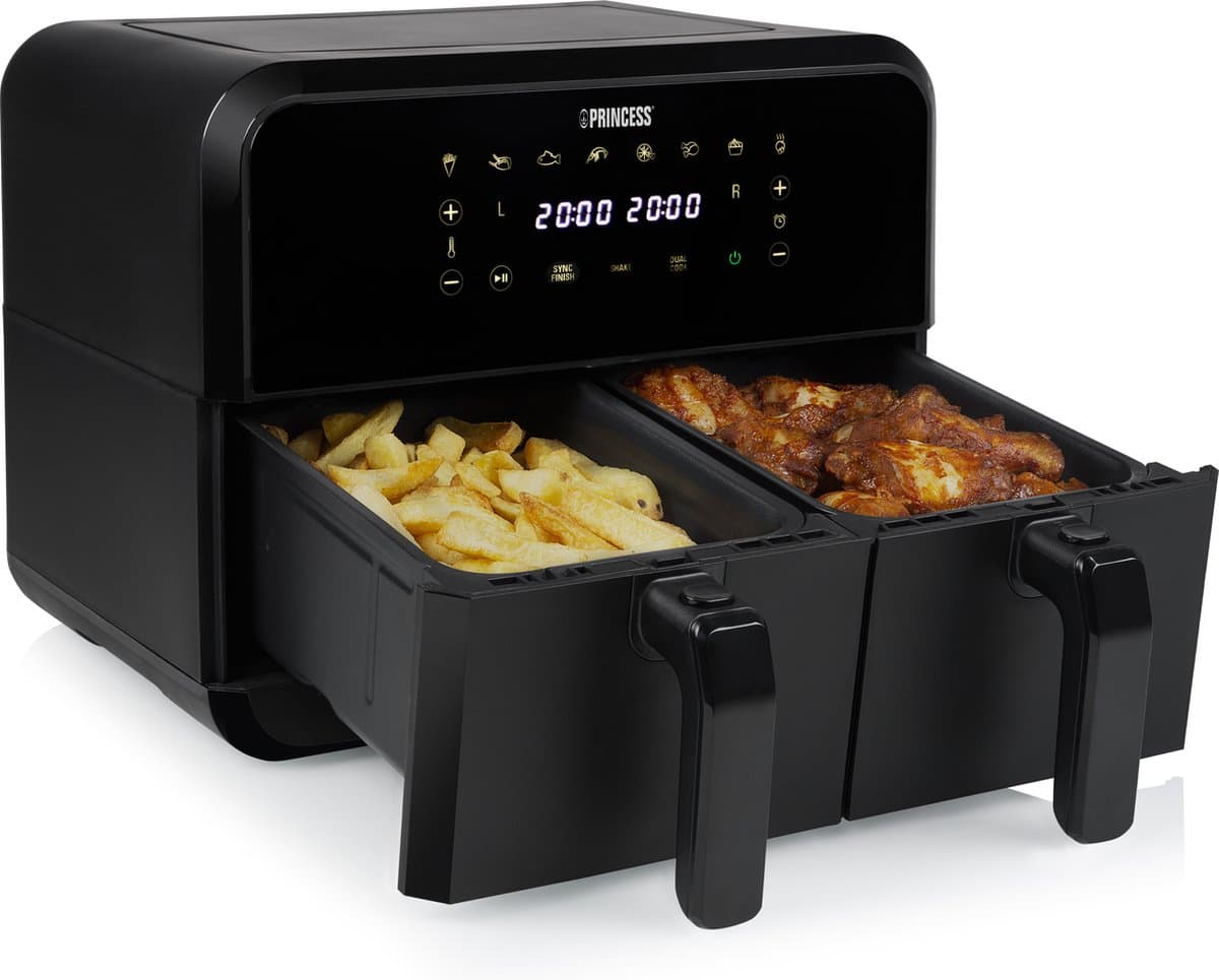 Princess Double Basket Airfryer 182068 - Dubbele Airfryer - 8 liter - 2 manden - XXL - 8 programma’s - 2400W - Dubbele heteluchtfriteuse - Touchscreen - Zwart - 80 °C tot 220°C - Sync functie