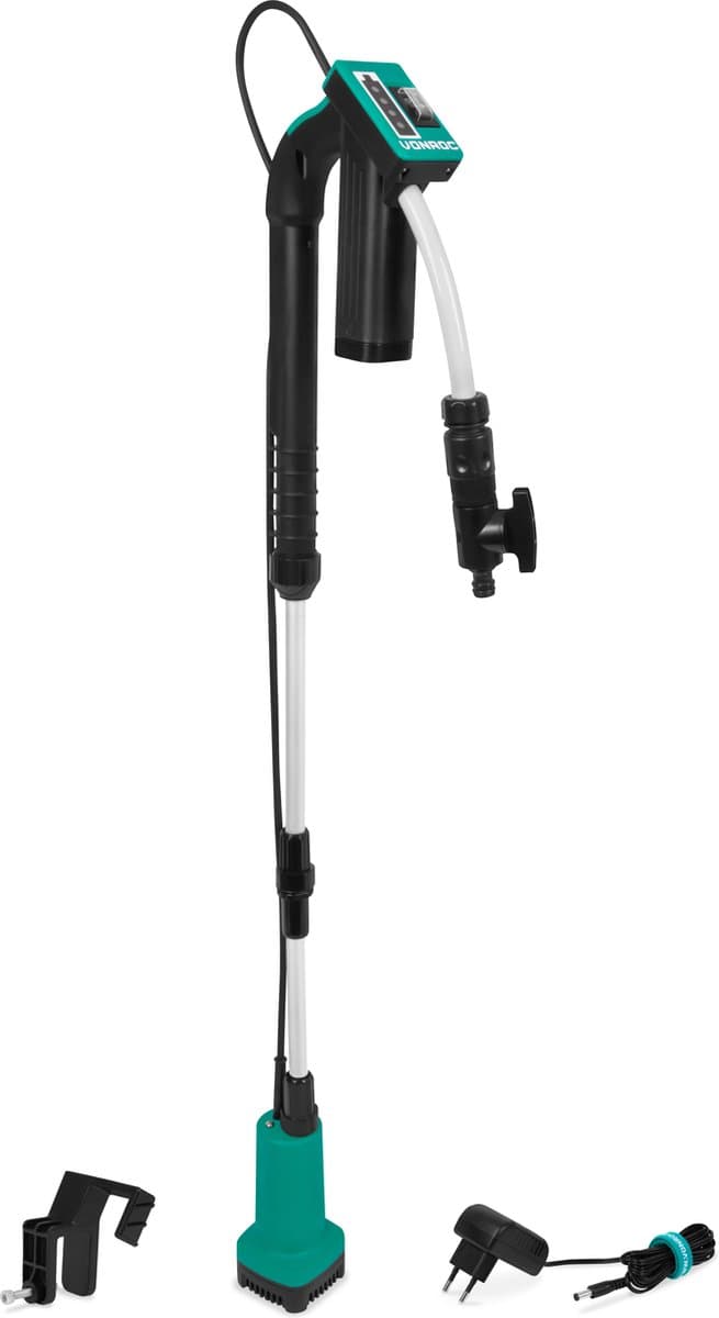 VONROC Regentonpomp 12V met accu - 50W - 1500 lt/u - met droogloopbeveiliging - universele tuinslangkoppeling - inclusief accu en oplader