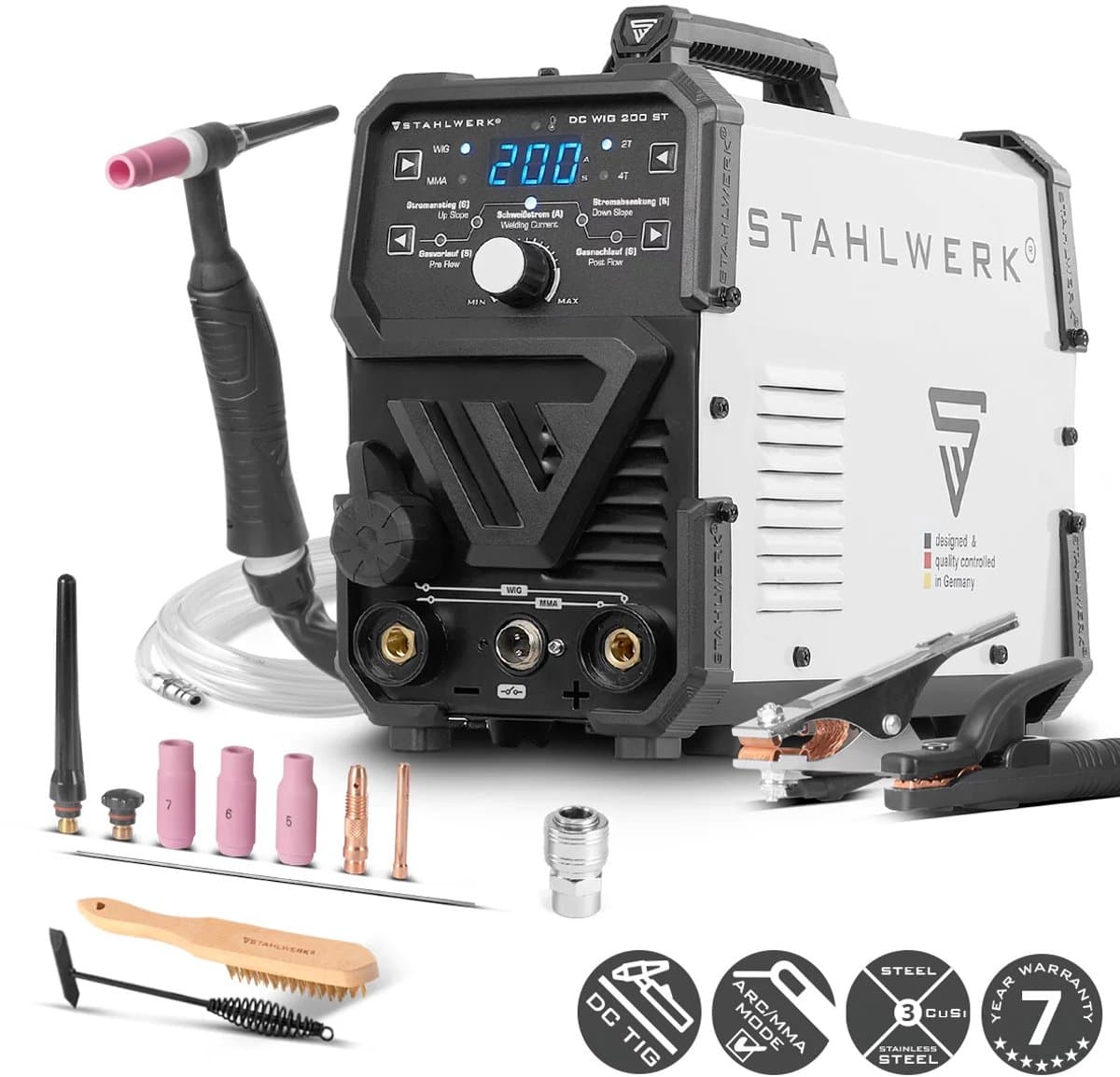 STAHLWERK DC TIG 200 ST | 2-in-1 combinatie lasapparaat | TIG MMA | 200 ampère | HF ontsteking, hot start, anti-stick | Voor staal, roestvrij staal, koper, messing | Niet geschikt voor aluminium
