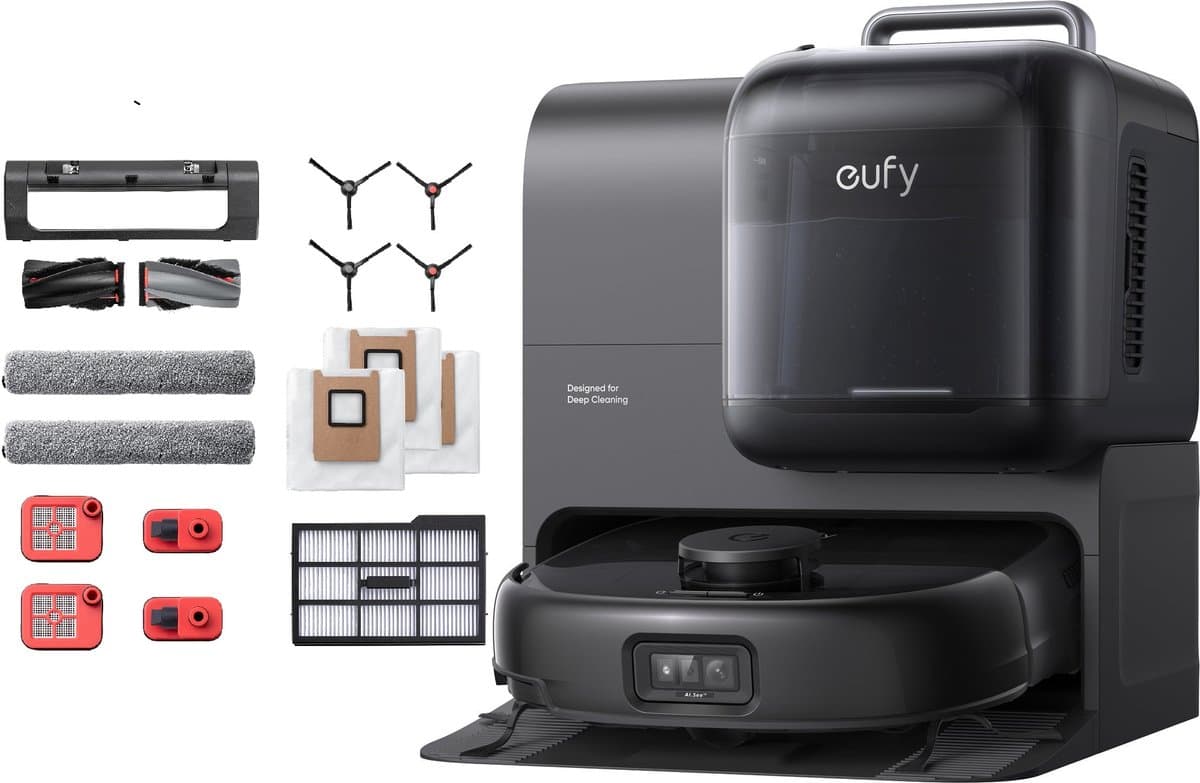 eufy Omni E28 - Robotstofzuiger met Vervangingssets - Draagbare dieptereiniger - HydroJet systeem - 20.000 Pa zuigkracht - DuoSpiral ontklittende borstels - CornerRover arm - alles-in-één station