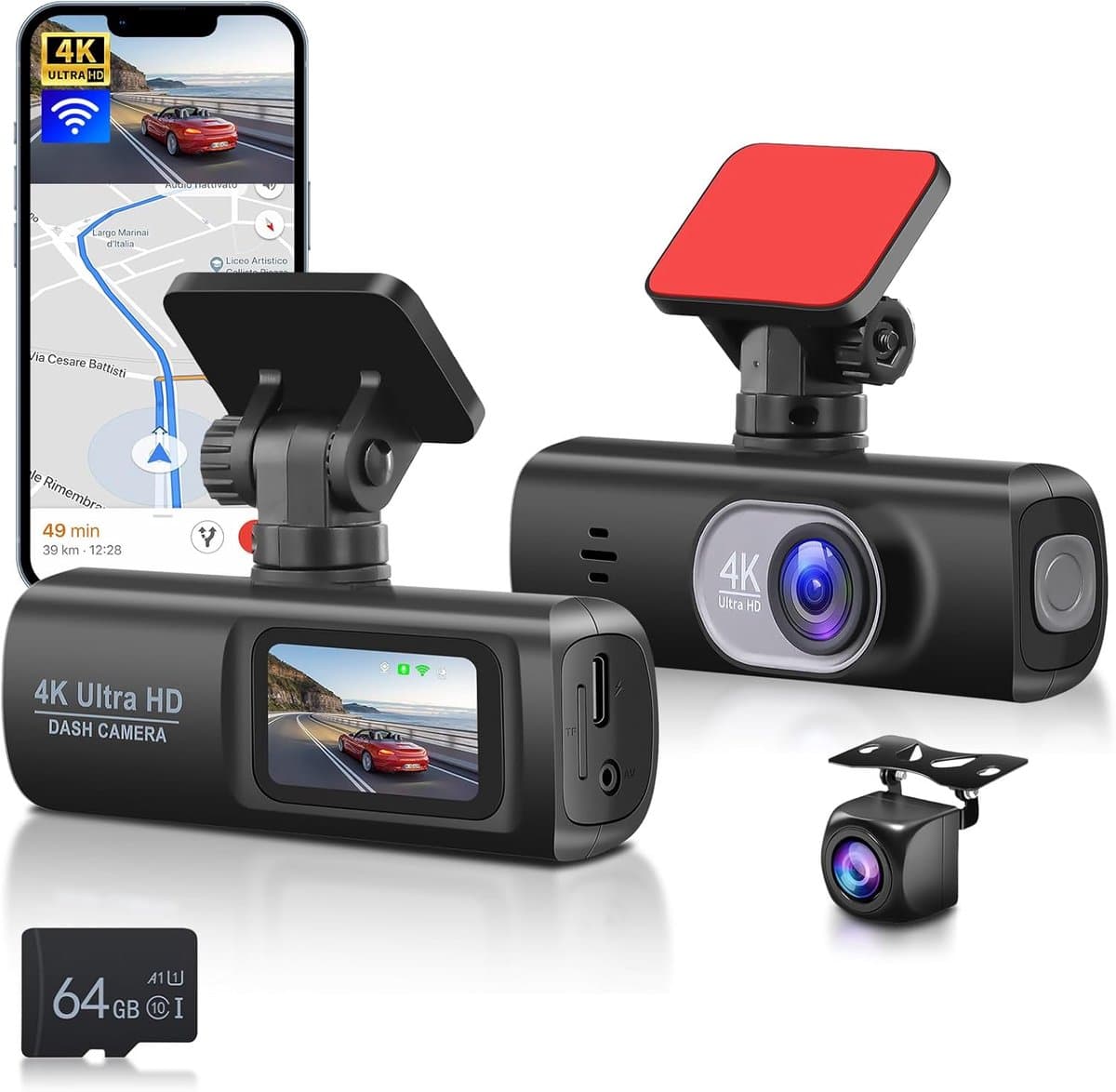 Dashcam voor en achter auto, dual front en binnenruimte autocamera 64G-kaart, FHD 1080p 3,16 inch IPS-scherm, dashcam G-sensor, parkeermonitor loop-opname, nachtzicht