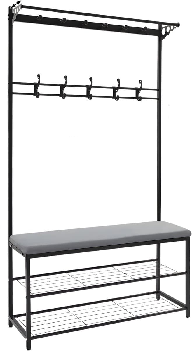 Kapstok met bank - Kledingrek - Schoenenrek - Voor kledingopslag en schoenen - Multifunctioneel - Met haken en bankje - Lichtgrijs