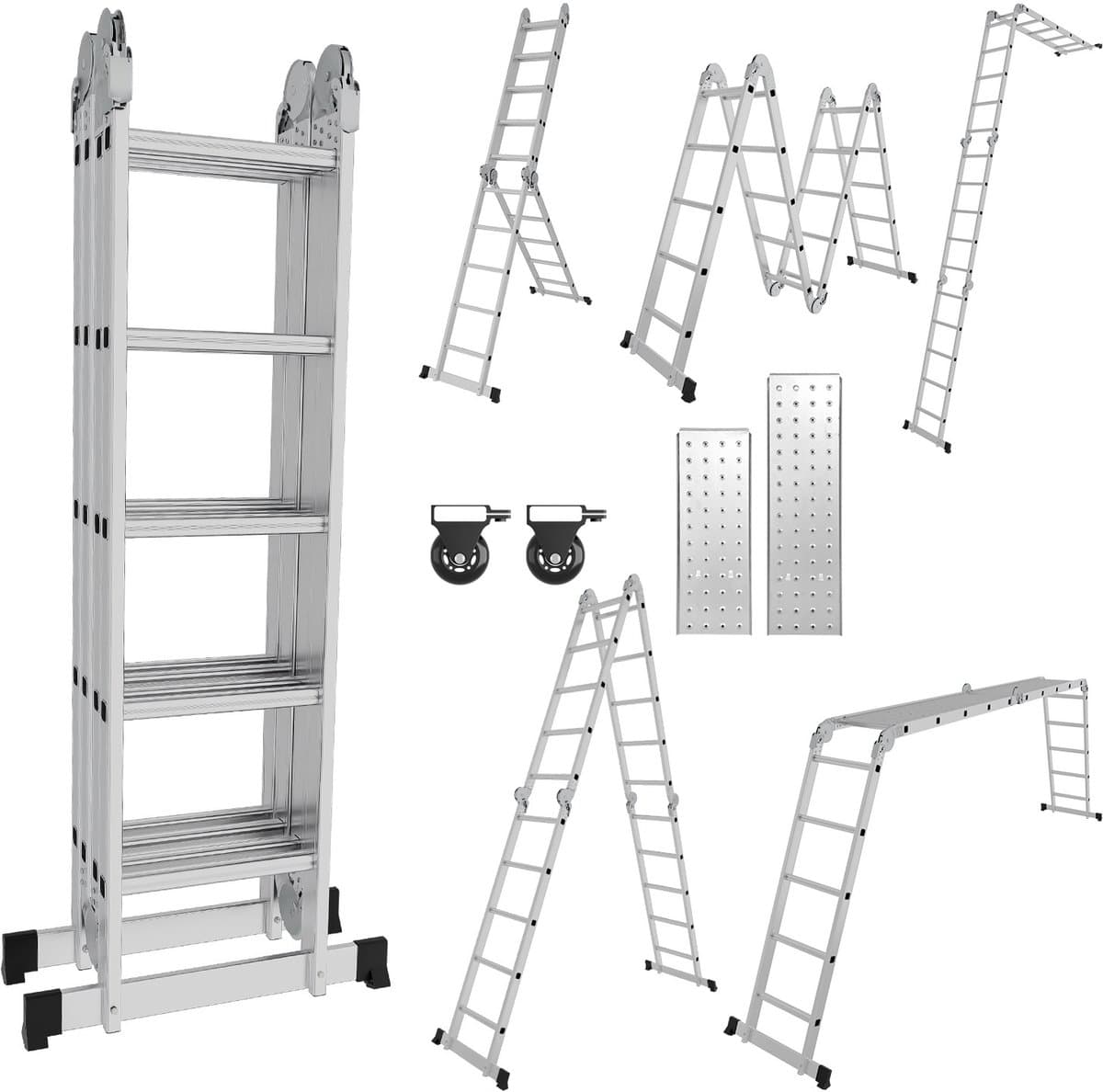 Multifunctionele vouwladder 6 in 1 - 5.82M Vouwladder 4 x 5 treden met platform - Draagvermogen tot 150 kg, Aluminium Ladder, Mobiele Multifunctionele Ladder met Werkplatform, Stelling, Aluminium Rolsteiger, Huishoudladder - Zilver