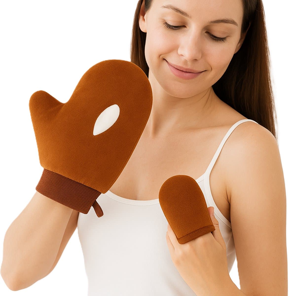 2-delige Zelfbruiningshandschoen Set – Herbruikbare Fluwelen Applicatiehandschoenen voor Zelfbruiner & Bodylotion – Zacht, Streepvrij & Wasbaar – Voor Gezicht & Lichaam – Bruin