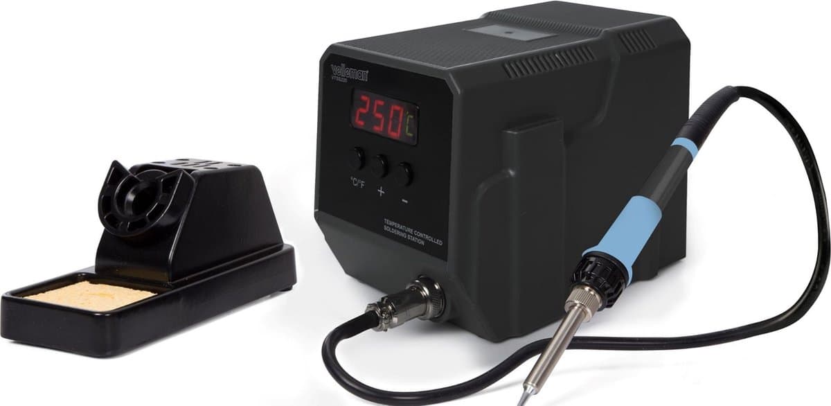 Velleman Soldeerstation 90W met LED-display en keramisch verwarmingselement, instelbare temperatuur 50–480 °C, geschikt voor professionals en doe-het-zelvers