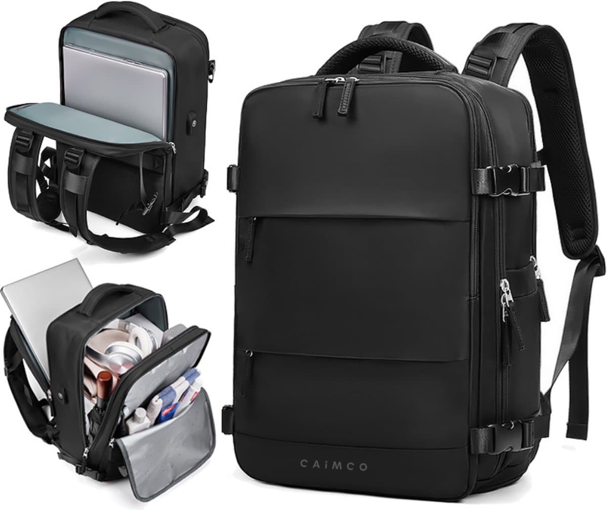 Caimco Expedition Rugzak met Laptopvak & Vak voor Natte Kleding – Waterafstotende 15.6 inch Laptop Backpack – Ruime Reistas met Schoenenvak – Unisex Schooltas – Zwart