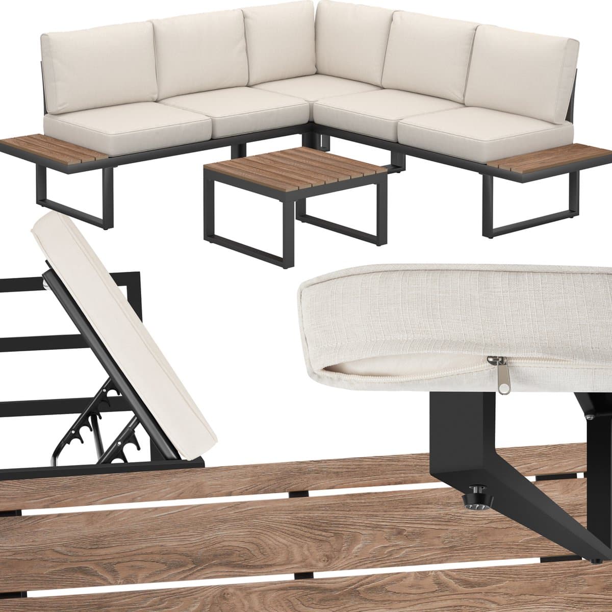 tectake® Tuinset Eliar - 4-Delige Loungeset - 5 Personen - Weerbestendige Hoekbank - Aluminium Frame - Houtlook Zijtafeltjes - Tuinbank -Tuintafel - Verstelbare Rugleuning - Ligbed - Tuinmeubelset met Kussens - Ideaal voor tuin, balkon en terras