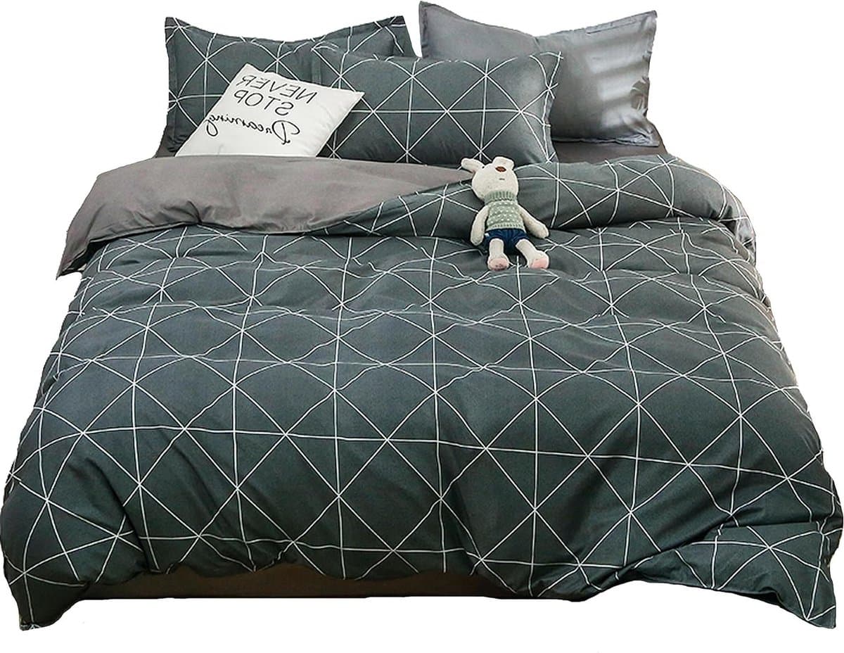Luxe microvezel beddengoed set met rits, donkergrijze strepen, dekbedovertrek 220 x 240 cm, hoeslaken 230 x 250 cm en 2 kussenslopen 48 x 74 cm voor optimaal slaapcomfort en stijl