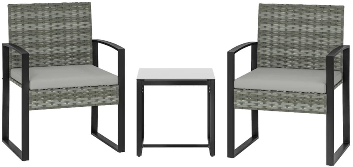 Bistroset - Tuinmeubel 3-delig - Tuinset van Rotan - Balkonset voor 2 Personen - Tuinmeubelset met 2 Stoelen + Tafel + Afneembare Kussens - Zitgroep - Meubel - Loungeset - Meubelsets - voor Tuin, Balkon, Terras - Lichtgrijs