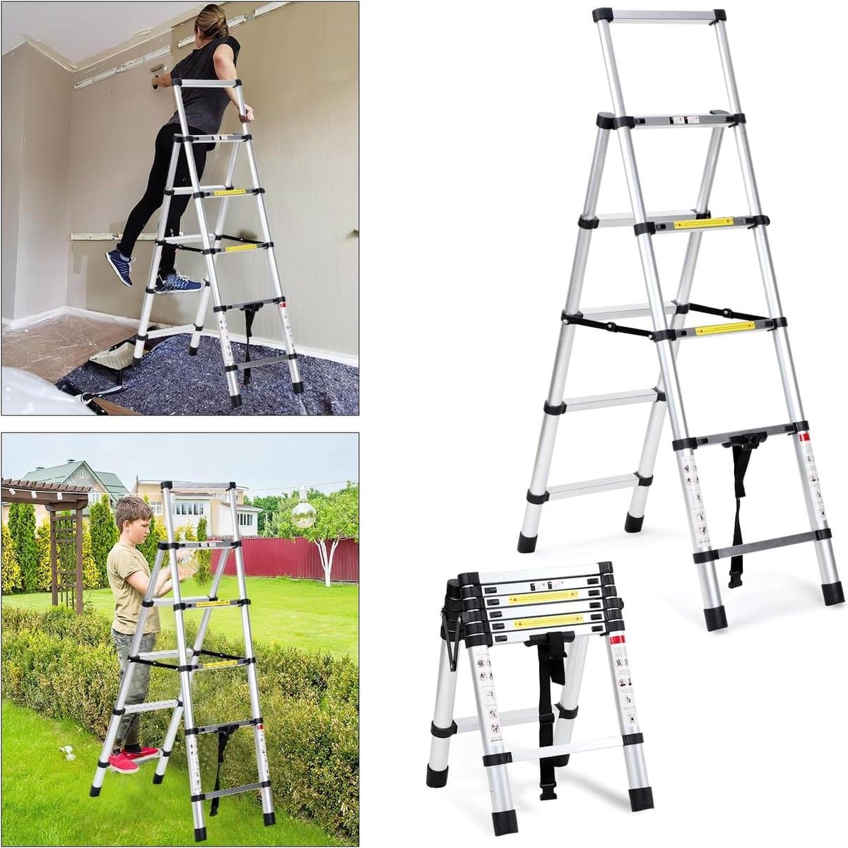 Eulenke Telescopische Ladder 1,4m+1,7m Aluminium Trapladder 4+5 Treden Draagbare Antislip Vouwladder, 150 kg Draagvermogen Staande Ladder, Aluminium Ladder voor Binnen, Buiten, Multifunctionele Ladder