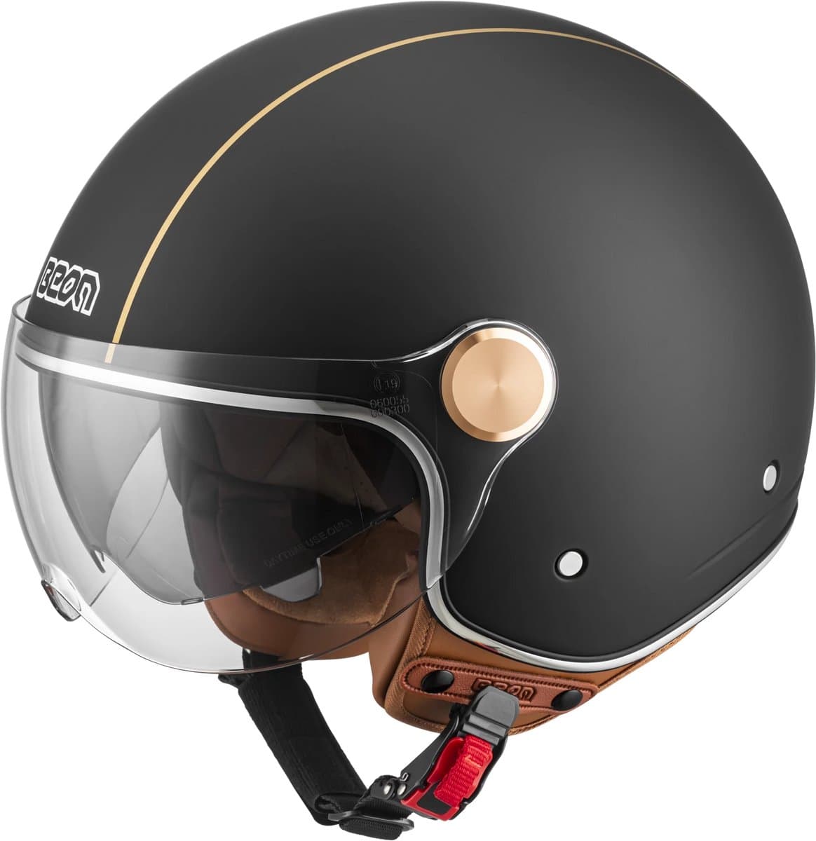 BEON B120 Scooterhelm - M - Jethelm met Zonnevizier - Motorhelm - Geschikt voor Vespa, Scooter, Brommer, Motor en Snorfiets - Mat Zwart met Bruin Leer