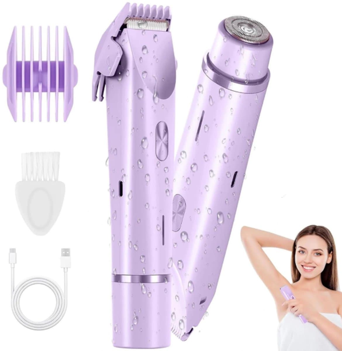 2-in-1 elektrisch scheerapparaat voor de intieme zone van vrouwen, met C-vormige aansluiting, geschikt voor gezicht, benen, armen en bikinilijn, waterdicht en gemakkelijk schoon te maken.