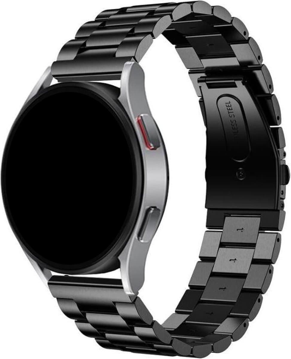 Stravo Stalen schakel bandje - geschikt voor Samsung Galaxy Watch 7 (40 & 44mm) / Galaxy Watch 6 (Classic) / Galaxy Watch 5 / Watch 5 Pro / Watch 4 (Classic) / Watch FE - Metalen RVS bandje voor Galaxy Watch 4-5-6 alle varianten - Zwart