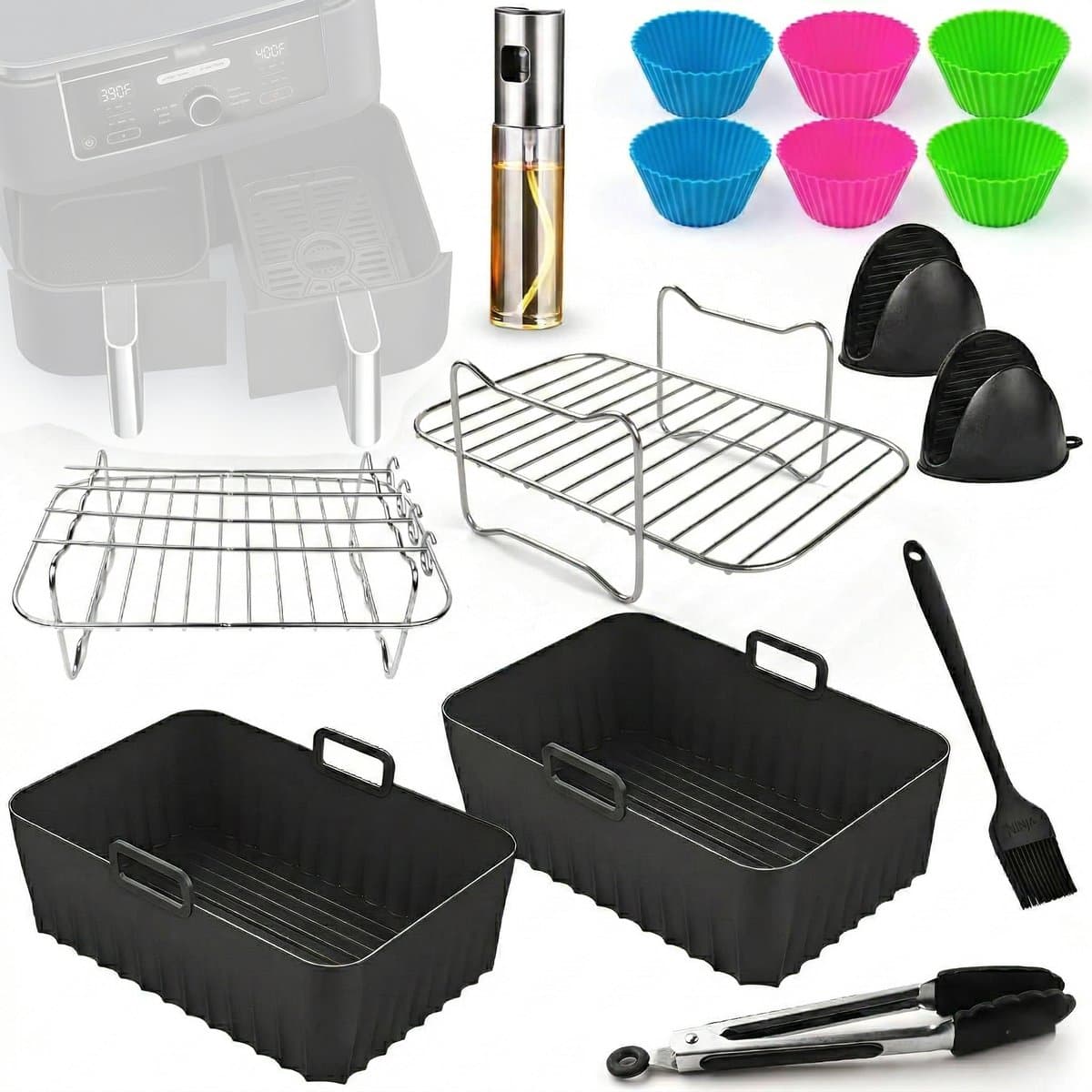 Somstyle Accessoires Set Geschikt voor Ninja Foodi AF140EU, AF300EU, AF400EU, AF500EU & SL400EU Dubbele Airfryer - 19-Delig - Heteluchtfriteuse Mandje - Zwart
