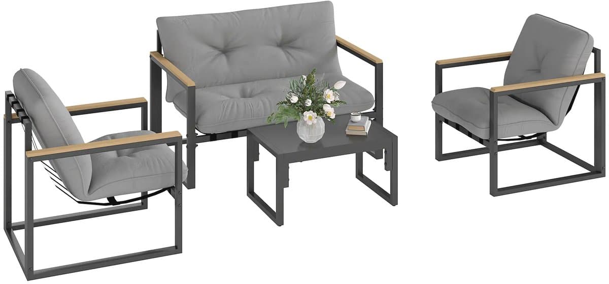 Balkonset 4 personen - Tuinset - Bistroset - Lichtgrijs - Weerbestendig - 4 delig - 4 stoelen - 4 personen - Gecoat staal - Onderhoudsvrij staal