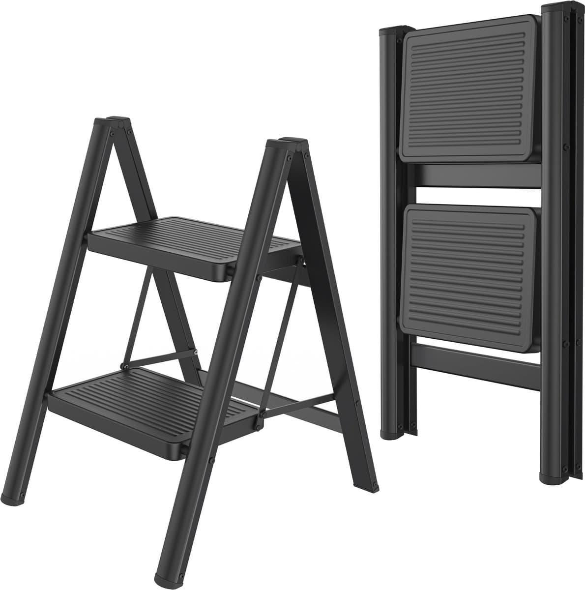 Opvouwbare trapladder, trapkruk, opvouwbare trap met brede antislip pedaal, multifunctionele huishoudtrap, trap tot 150 kg, zwart voor thuis, keuken, kantoor, buiten - 2 treden