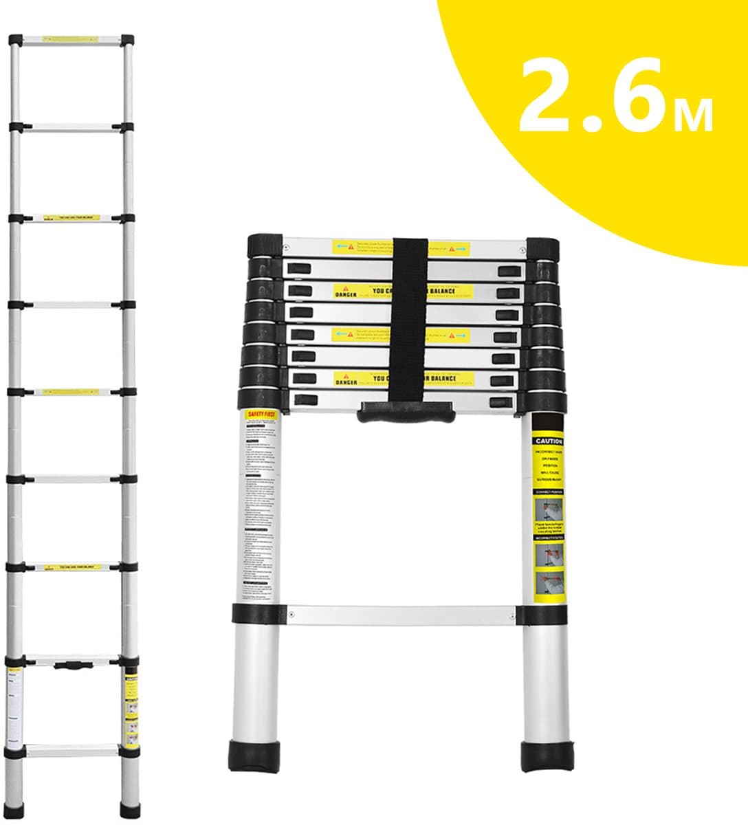 Telescopische Ladder - Telescoopladder - 2,6 m zilver, Max. Belasting 150 kg, Compact en Draagbaar met Soft Closing Systeem, Geschikt voor Particulier en Professioneel Gebruik, Telescopische Vouwladder