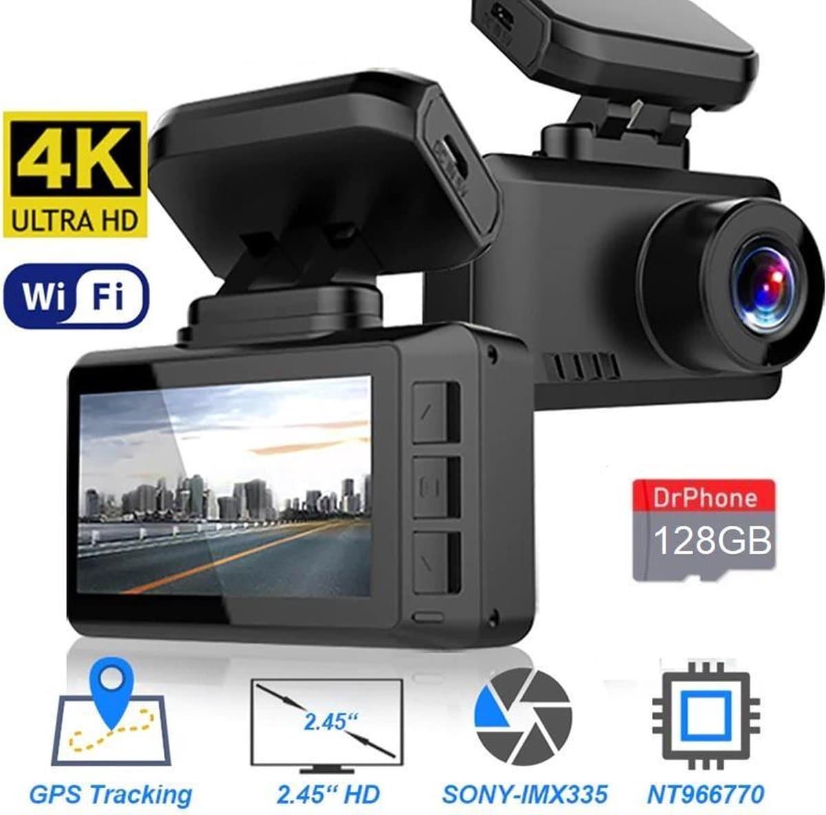 DrPhone Dashcam D07-C - 4K Ultra HD Dashcam – Parkeermonitor – Lens: SONY IMX 307 - G-Sensor Kijkhoek van 170 ° - Dashboard Camera met Nachtzicht – Wifi + Applicatie + 128 Micro SD