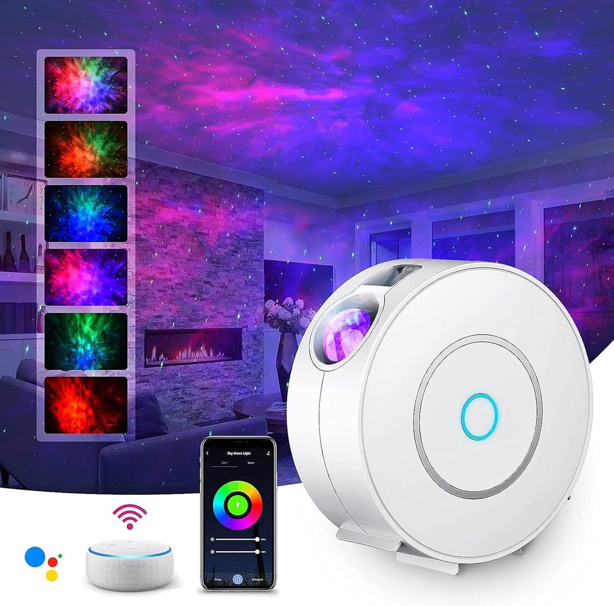 Smart sterrenhemelprojector, 3D-projector voor sterrenhemel, led, voor kinderen en volwassenen, met RGB, dimmen/spraakbesturing wifi-verbinding, voor gebruikt thuis of bij feestjes, wit