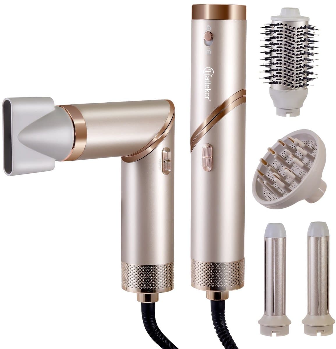 Hatteker Multistyler 5-in-1 - Haardroger, Föhnborstel & Krultang - Complete Styling Set voor Krullen en Steil Haar - 110.000 RPM, Opvouwbare, Ionentechnologie