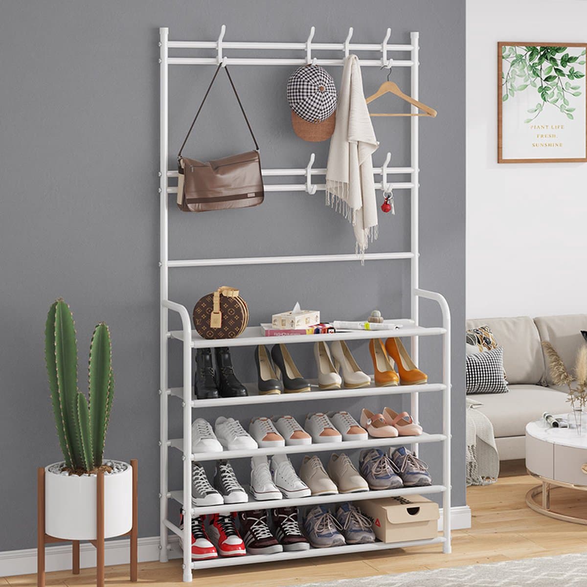 Eleganca Kledingrek - H153 x B60 x D26 cm - Schoenenrek - Garderoberek met Schoenenplank - Ruimtebesparend - 2-in-1 Hangerrek - 5 Planken - Metaal - Wit