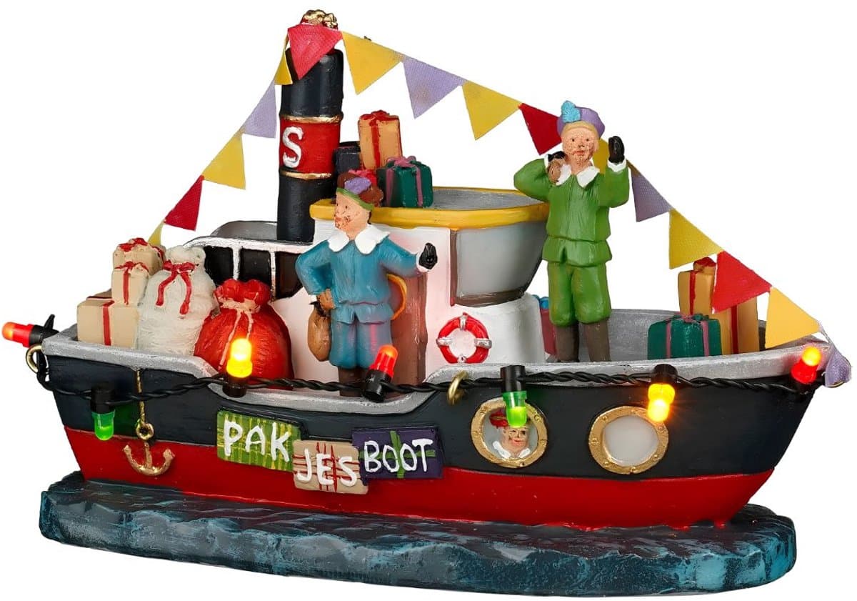 Luville Pakjesboot Small - Miniatuur Kerstdorp Decoratie met Verlichting - Werkt op Batterijen voor Flexibele Plaatsing - Gemaakt van Polyresin - L13 x B6 x H9 cm - Meerkleurig