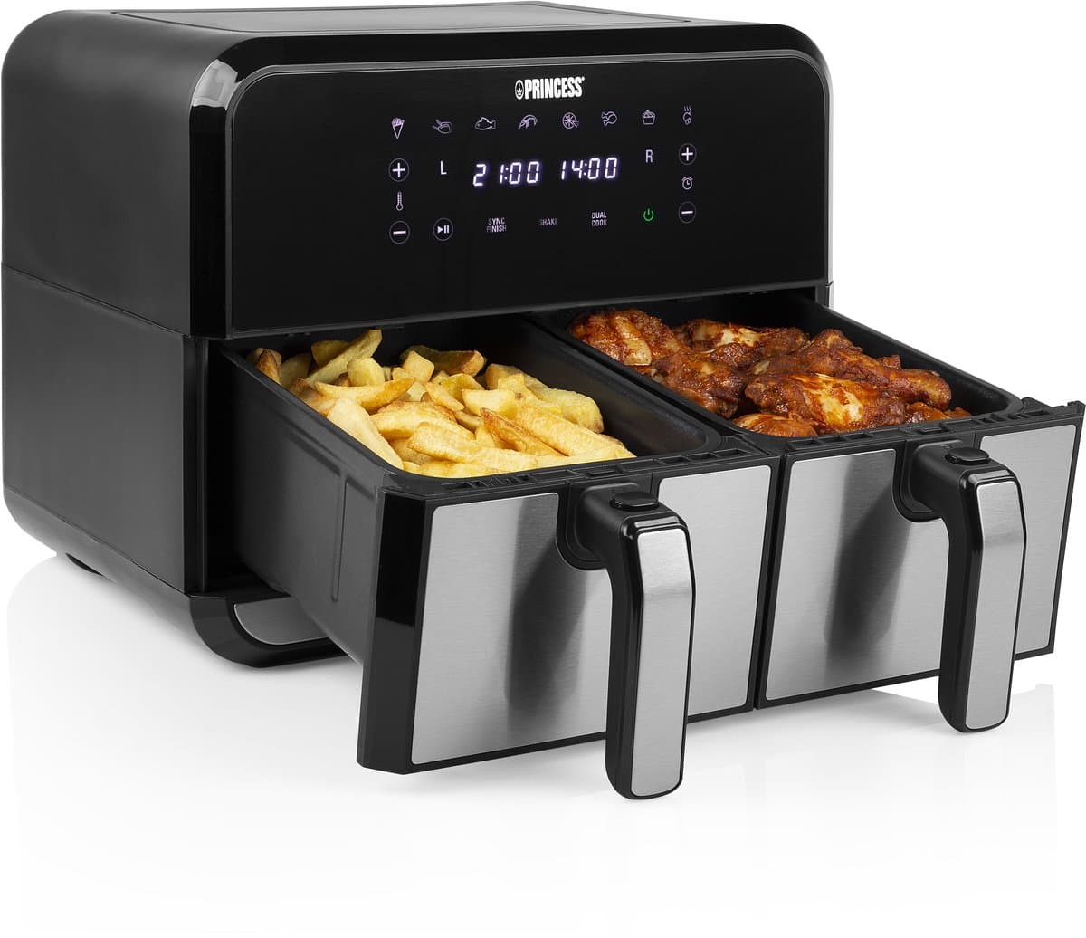 Princess Double Basket Airfryer 182074 - Dubbele Airfryer - 9 liter - 2 manden - XL - 8 programma's- 2400W - Dubbele heteluchtfriteuse - PFAS vrij - Touchscreen - RVS/Zwart - Sync functie