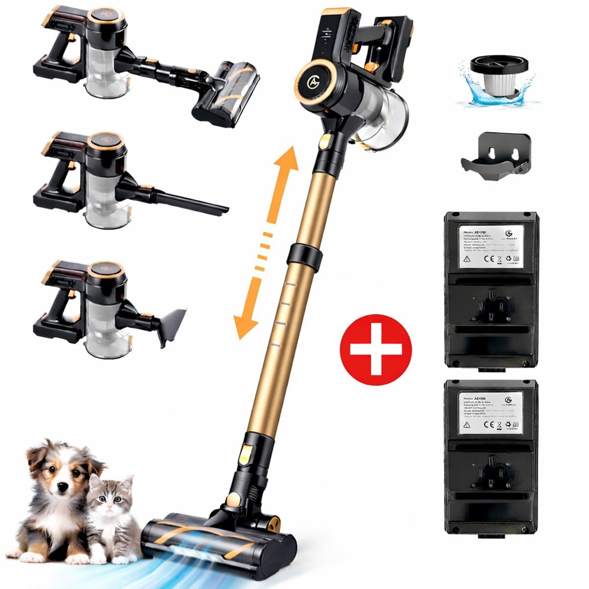 AG 2-in-1 Steelstofzuiger Draadloos – Inclusief Extra Batterij – 90 min Stofzuigen – Premium Gold – Krachtige Stofzuiger Zonder Zak – Geschikt voor Dierenharen – Compact & Lichtgewicht Kruimeldief