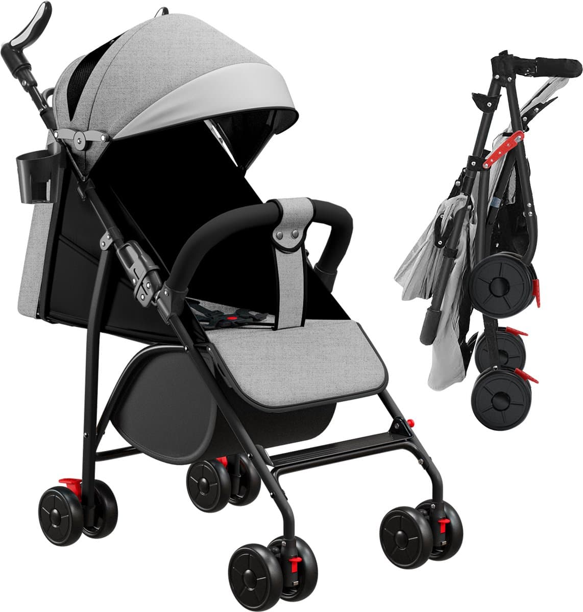 PIPIPOXER Kinderwagen Buggy Kinderbuggy Opvouwbaar Sportwagen 5-punts Veiligheidsgordel-Grijs