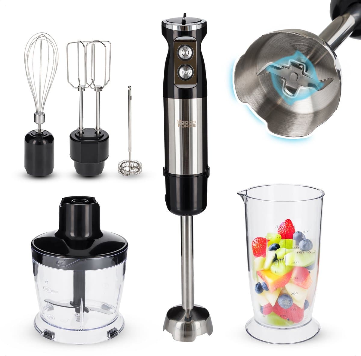 Goodforce 7 delige Staafmixer set – Inclusief Hakmolen, garde, melkopschuimer, klopper & Maatbeker – krachtig & vaatwasserbestendig – 12 snelheden + turbofunctie – 1000W – PFAS-vrij
