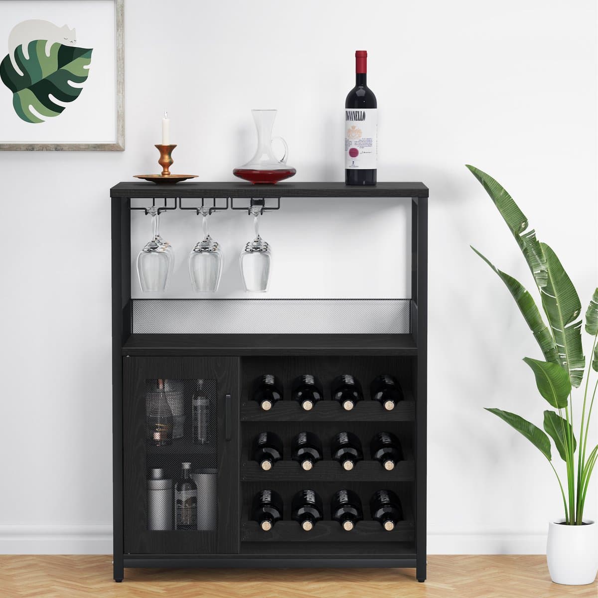 Brisakys Wijnkast, keukenkast met afneembaar wijnrek en geïntegreerde glashouders, commode hout, dressoir 72x35x90 cm Zwart