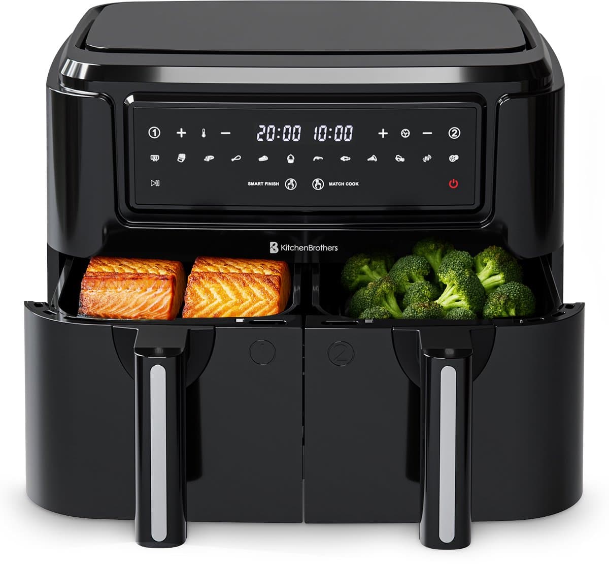 KitchenBrothers Dubbele Airfryer - PFAS-Vrij - 2400W - 9L - Heteluchtfriteuse - Dual Zone - Dubbele Mand - 50ºC tot 200ºC - 10 Kookprogramma's - Zwart