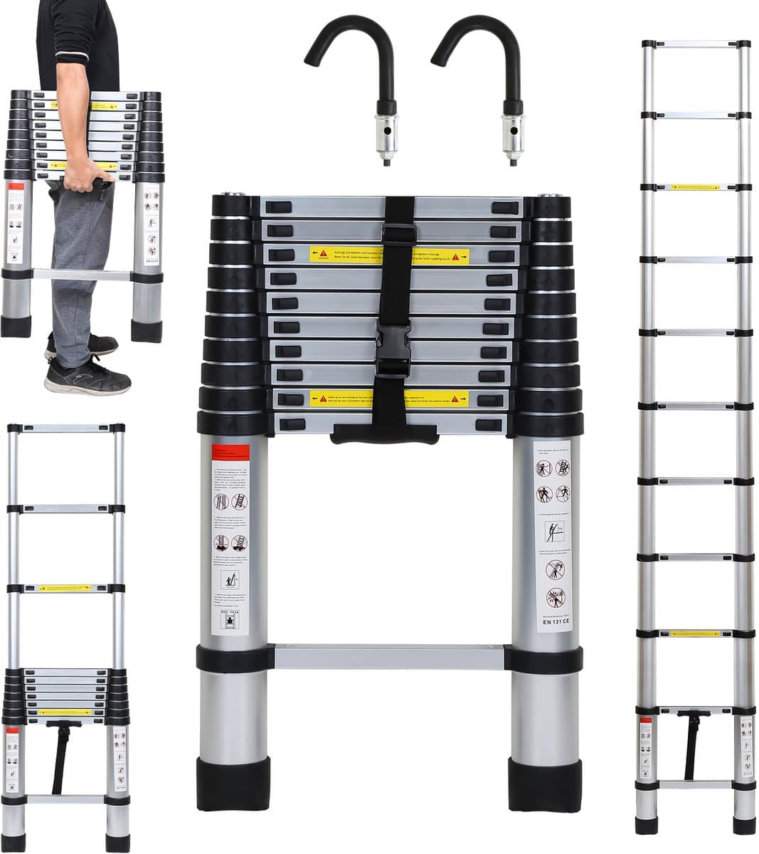 Telescopische Ladder - Telescoopladder - 3,2m zilver + haak, Max. Belasting 150 kg, Compact en Draagbaar met Soft Closing Systeem, Geschikt voor Particulier en Professioneel Gebruik, Telescopische Vouwladder