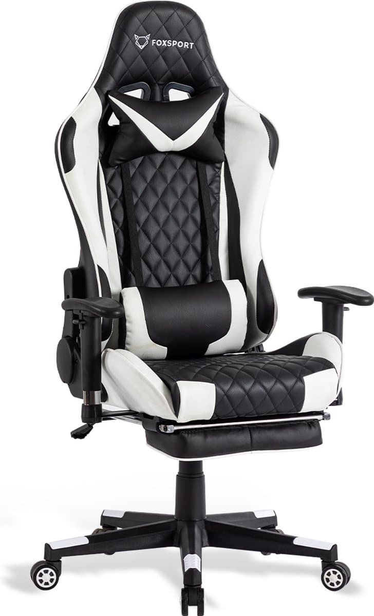 FOXSPORT Game Stoel - Gaming Stoel - Gaming Chair - Bureaustoelen - Bureaustoel Met Nekkussen & Verstelbaar Rugkussen - Instelbare Zithoogte - Gaming Accesoires - Met beensteunen - Wit/Zwart