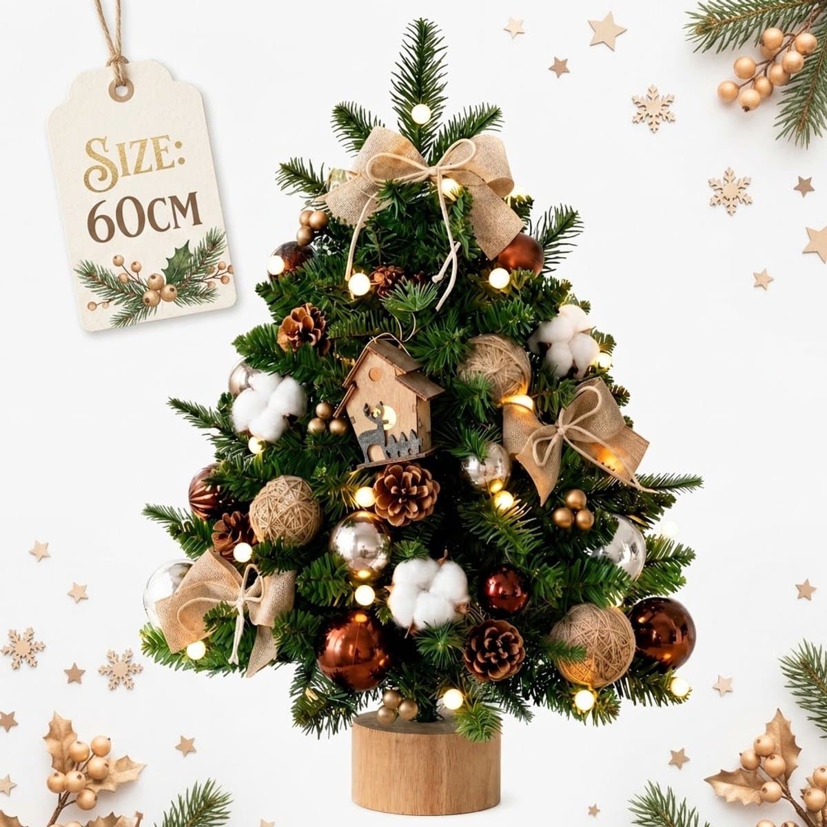 Mini Kunstkerstboom 60 cm- Tafelkerstboom 60 cm met LED, Kerstdecoratie, PVC+PE & Houten Voet – Sfeervolle Tafelkerstboom – Tafel Decoratie – Kerst Versiering voor Thuis & Kantoor