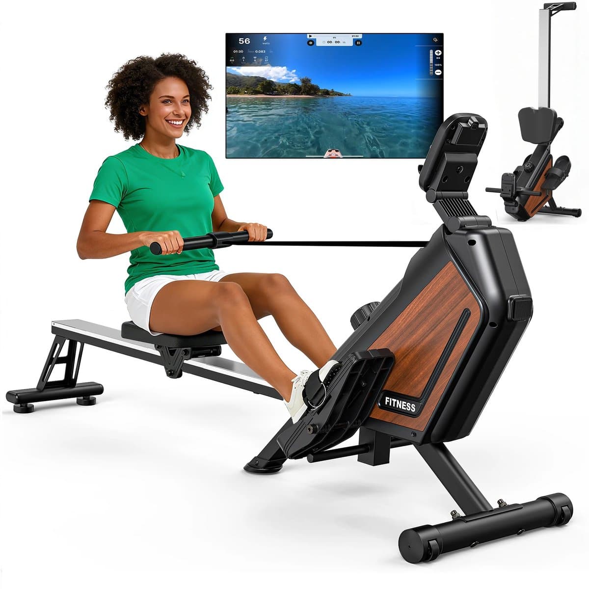 GDE - Inklapbare Roeitrainer voor Thuis - Roeimachine - Digitaal Display - Tablethouder - Full Body Fitnessapparaat - Ruimtebesparend - Zwart/Houtlook