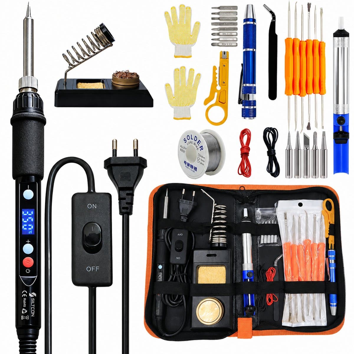 Siltcon® 3 in 1 Soldeerbout Set 60-80W - Verstelbaar 180-520°C – Houtbrander Set met Digitaal Display – Pyrografie – Inc. Soldeertin - Desoldeerpomp, Soldeerdraad, Koperen Tips & Handschoenen – 55-delig – Proffesioneel voor Solderen en Houtbranden
