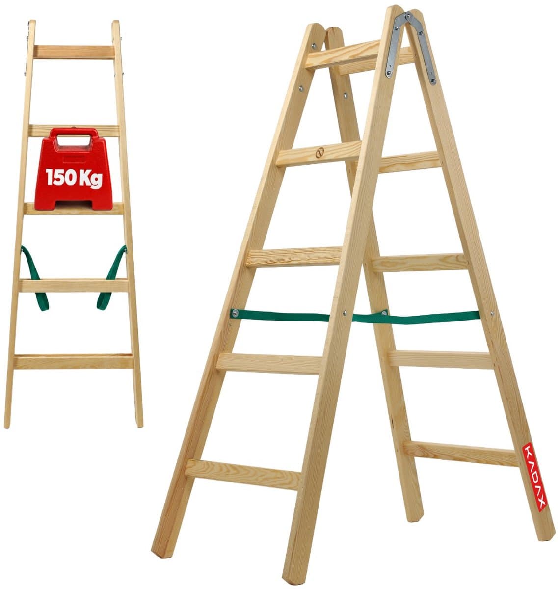 KADAX Houten ladder, bokladder tot 150 kg, opvouwbare schilderladder, dubbele trap ladder met stalen haken, elektricienieladder, staande ladder, huishoudladder (5 treden)