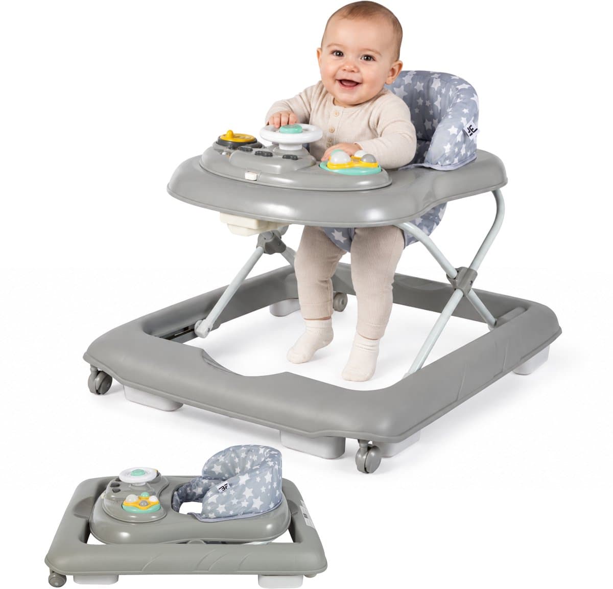 Bebies First Loopstoel / Baby Walker – Makkelijk in te klappen – In hoogte verstelbaar – Met afneembare speelset - Grijs