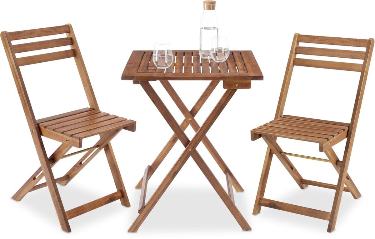 tectake® Houten Bistroset voor 2 Personen - 60 x 60 x 74,5 cm - Weerbestendig Acaciahout - Opvouwbaar - Inklapbaar - Tuinset met Bistrotafel en Bistrostoelen - Tuintafel - Tuinstoelen - Tafel en Stoelen set voor Balkon, Camping & Terras