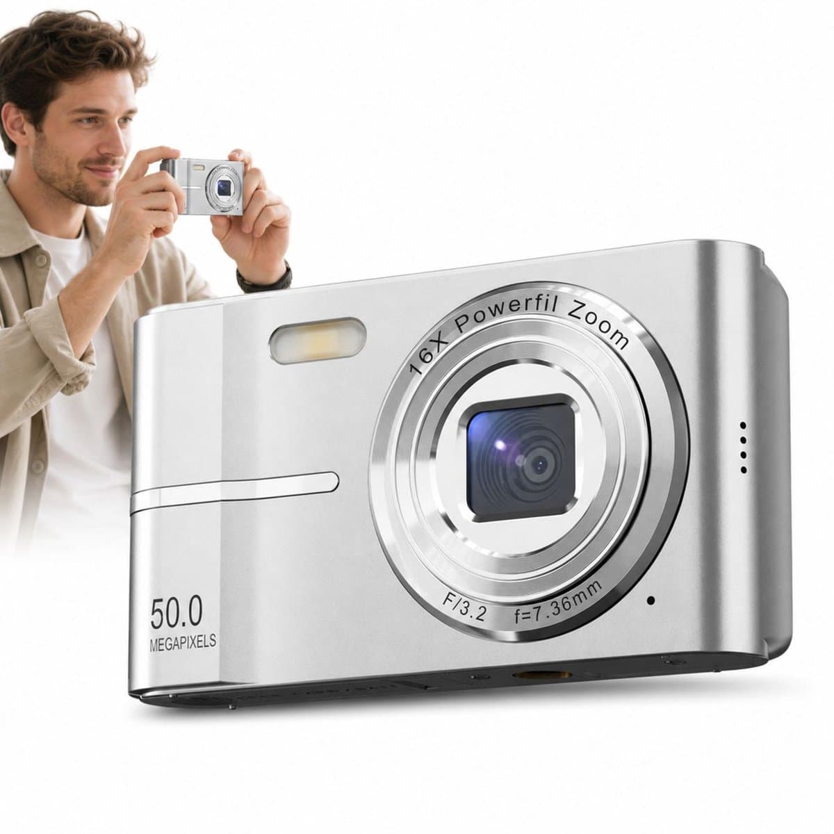 Digitale Camera - 50 Megapixel - 4K Video - 16x Digitale Zoom - 2.4 Inch LCD Scherm - Memory card not included - Compacte Camera voor Vloggen en Fotografie - Autofocus - Zilver