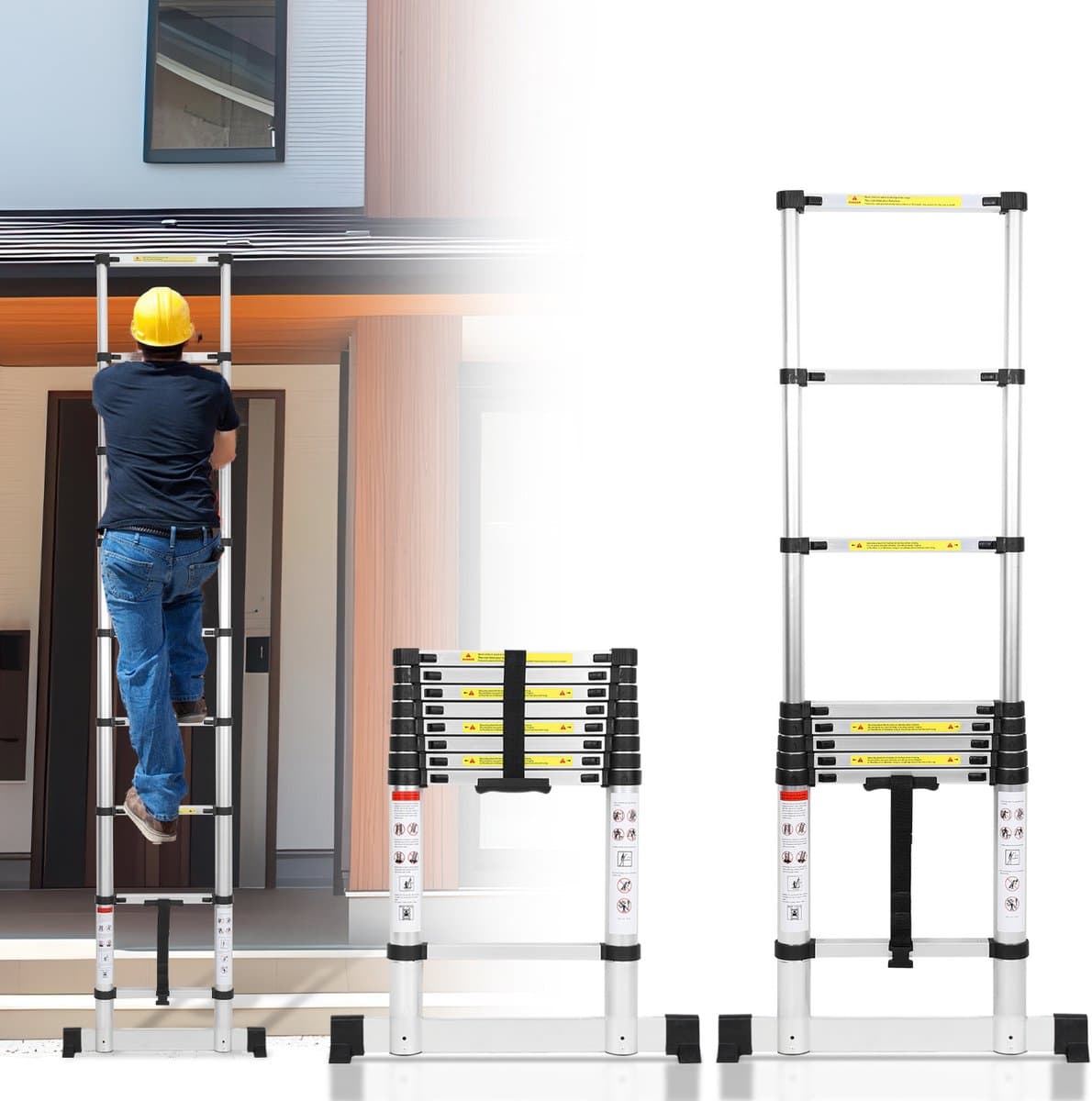 Telescopische Vouwladder - Telescopische Ladders - Werkhoogte 2,6M - zilverachtig - lichte uittrekbare ladder - met Barre d'équilibre