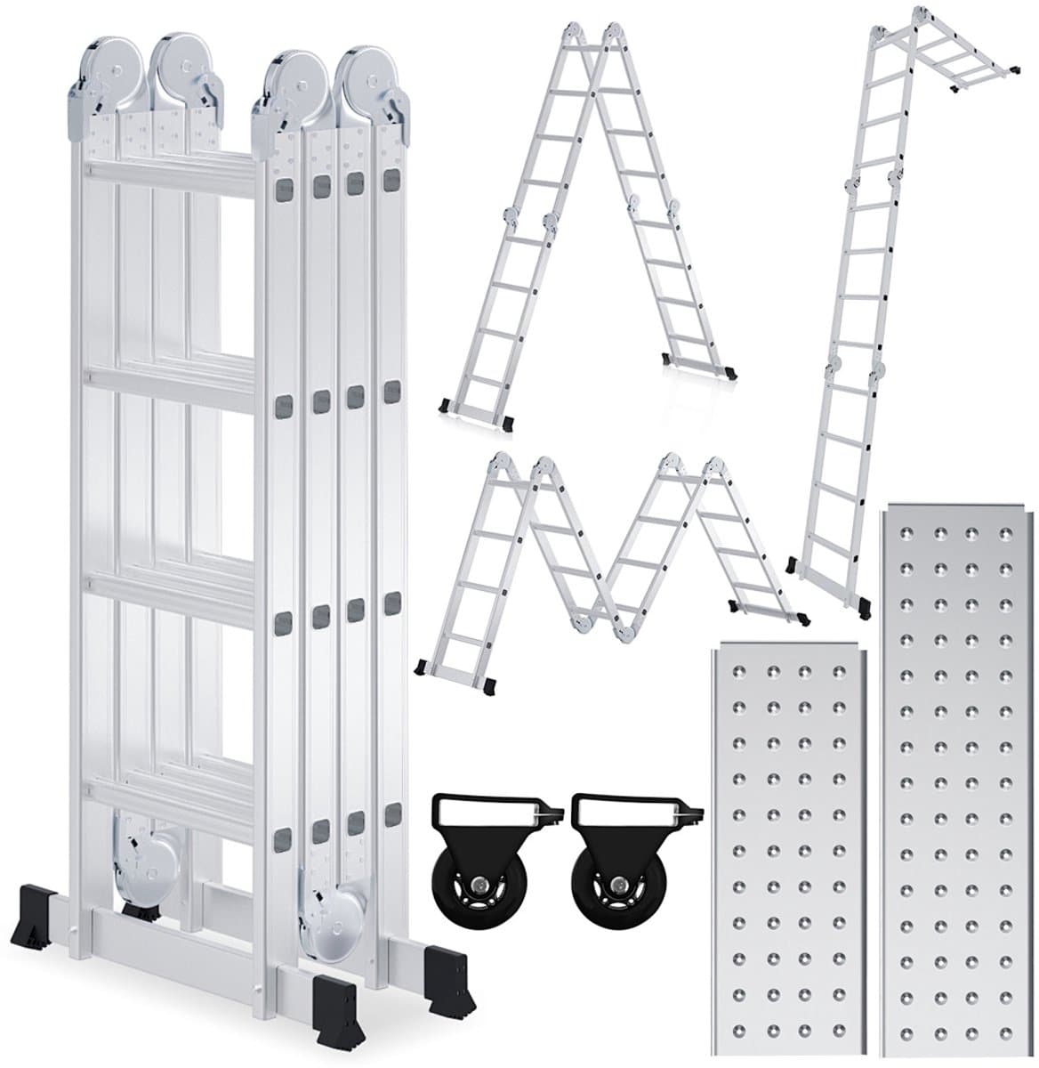 Multifunctionele vouwladder 6 in 1 - 4.7M Vouwladder 4 x 4 treden met platform - Aluminium Ladder, Mobiele Multifunctionele Ladder met Werkplatform, Stelling, Aluminium Rolsteiger, Huishoudladder, Draagvermogen tot 150 kg - Zilver