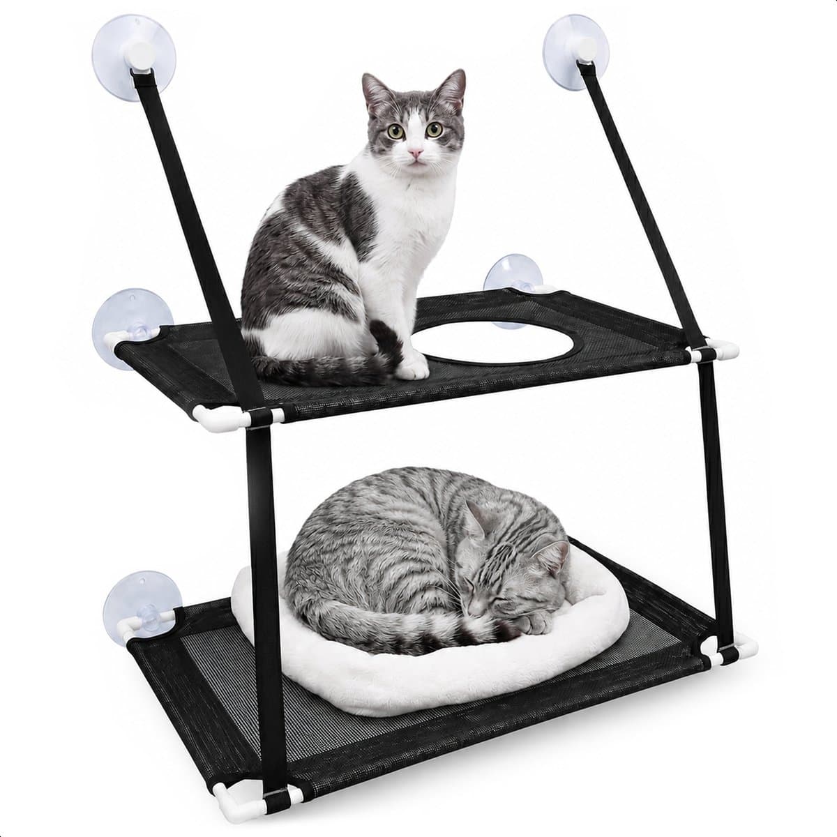 Raamhangmat - Dubbellaags - Met zuignappen - 20kg draag gewicht - Kattenhangmat - Hangmat kat - Kattenbed - Kattenkussen - Kattenbank - Kattenmand - Raam - Kattenhangmat Raam - Zwart - Radiator